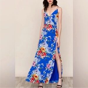 Yumi Kim Revolve Jasmine Silk Maxi Dress Floral Slit Blue Wedding Size Small